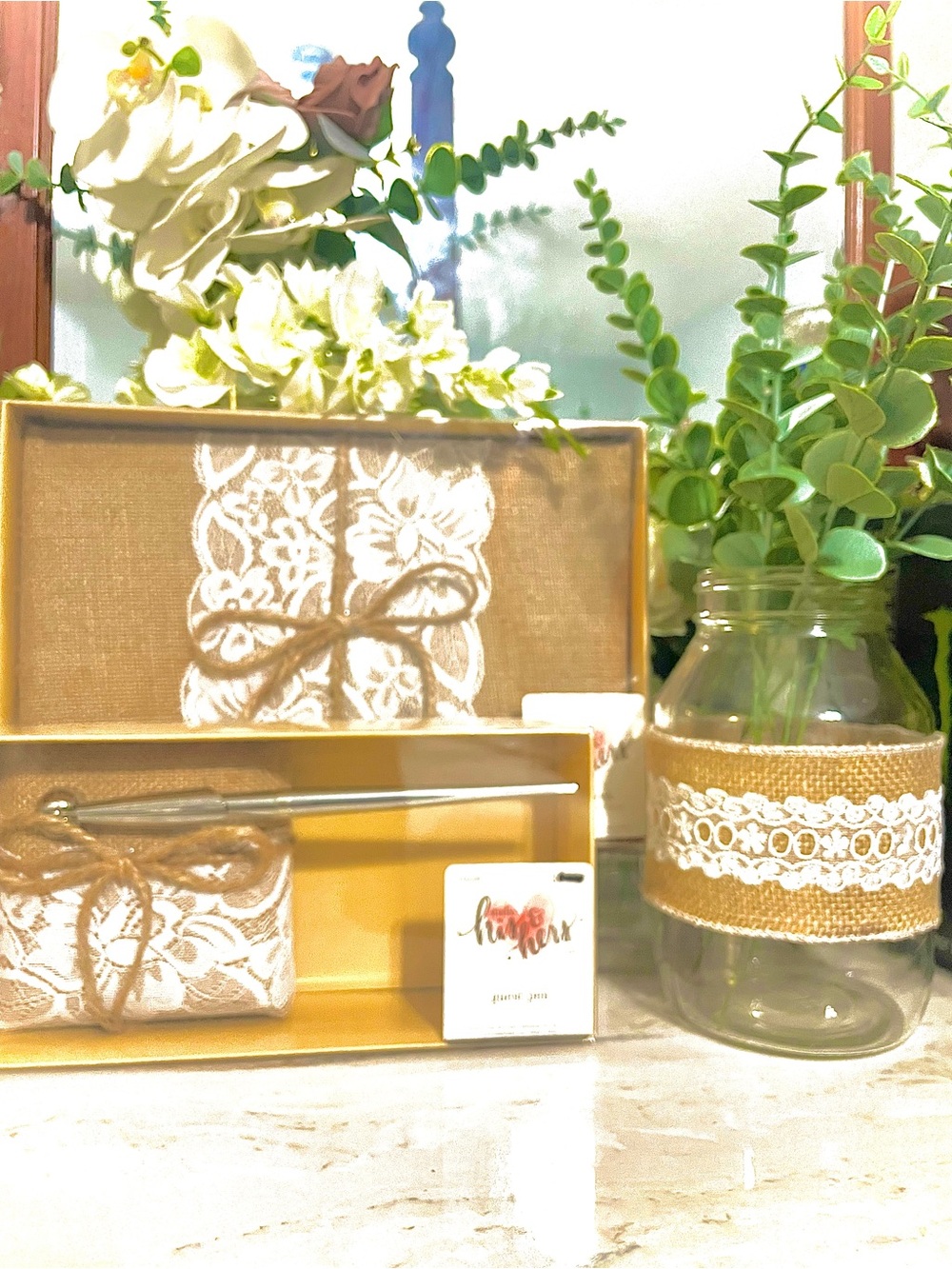 Burlap & Lace Wedding Guest Book with Matching Pen only.